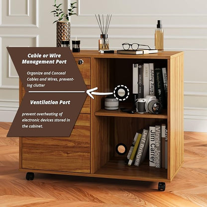 Maxtown Wood Filing Cabinet, Mobile Lateral Filing Cabinet with Lock, 3 Drawer Filing Cabinet with Open Storage Shelves, Printer Stand for Home Office, Teak