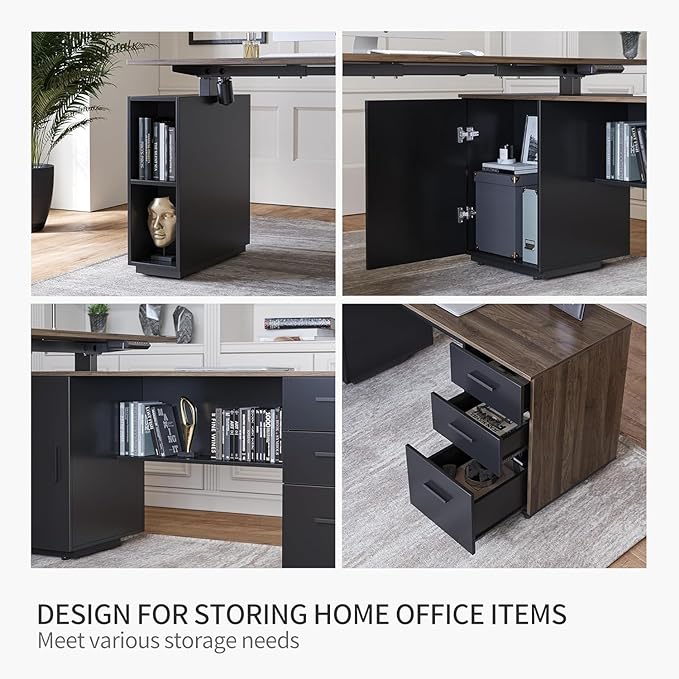 FEZIBO 63" L Shaped Executive Standing Desk with File Cabinet, Electric Height Adjustable, Black Walnut