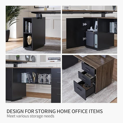 FEZIBO 63" L Shaped Executive Standing Desk with File Cabinet, Electric Height Adjustable, Black Walnut