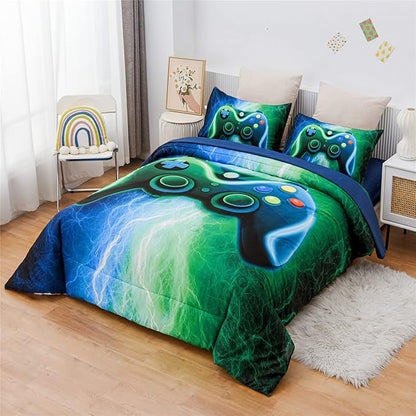 Meeting Story Gamer Gaming Bedding Sets Red Blue Lightnings Gamepad Comforter Set for Boys Games Console Action Buttons Novelty Colorful Modern Room Decor Home Quilt Set (Blue-Grenn, Queen 5Pcs)