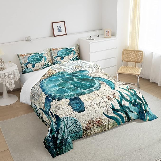 Turtle Bedding Teal Turtle Comforter Set Turquoise Ocean Themed Mediterranean Style Printed Design Ocean Turtle Down Comforter Quilted Duvet Set Queen Size 1 Comforter 2 Pillowcases (Queen, Turtle)
