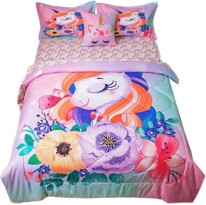 ADASMILE A & S Unicorn Bedding Twin for Girls Unicorn Bed Set Pink Unicorn Comforter Set Twin 6Pieces Girls Bed in A Bag Comforter with Hearts Sheets Reversible Unicorn Bed Sheets Home Unicorn Decor