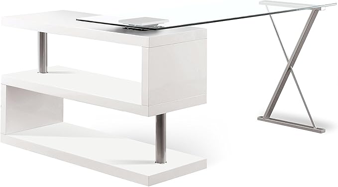 Furniture of America Lilliana Swivel Glass Top S-Shaped Writing Desk for Home Office, Studying Room, White