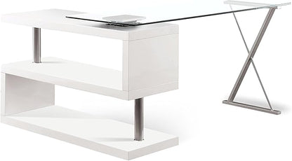 Furniture of America Lilliana Swivel Glass Top S-Shaped Writing Desk for Home Office, Studying Room, White