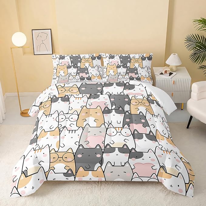 Kawaii Cat Comforter King Size,Cats Comforter Set for Kids Teens Girls Boys,3Pcs Bedding Set Printed Comforter with 2 Pillowcases,Down Alternative,Soft and Lightweight，King Size