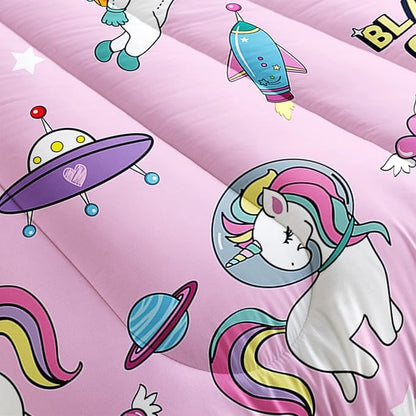Kawaii unicorn Cat Comforter Set 3 Pieces Universe Galaxy Outer Space Bedding Set Astronaut Rocket Bed Quilt Set for Girls Boys Kids Pink