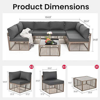 Pamapic 7 Pieces Outdoor Sectional Set, All-Weather PE Rattan Patio Conversation Set, Wicker Adjustable Patio Furniture Set with Washable Cushions Covers and Coffee Table, Brown Rattan, Gray Cushion