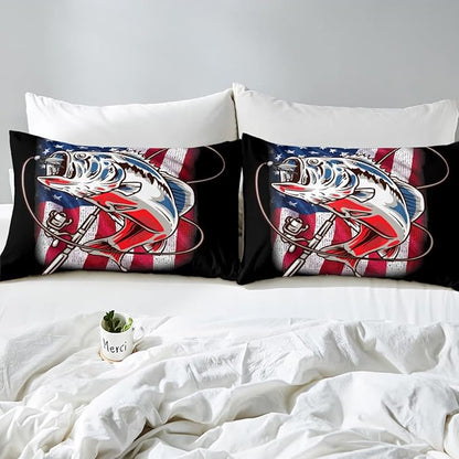 American Flag Comforter Set Farmhouse Fishing Bedding Set for Kids Boys Girls Teens Room Wild Fish Decor Comforter Red Blue Stripe Quilted Set 3Pcs Queen Size