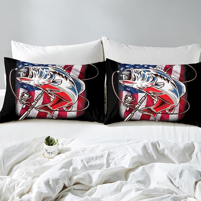 American Flag Comforter Set Farmhouse Fishing Bedding Set for Kids Boys Girls Teens Room Wild Fish Decor Comforter Red Blue Stripe Quilted Set 2Pcs Twin Size