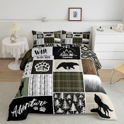 Camper Adventure Kids Comforter Set Full Size,Deer Antlers Bear Paws Rustic Farmhouse Bedding Set for Boys Girls Adults Room Decor,Atzec Arrows Boho Down Comforter,Camo Duvet Insert,2 Pillowcases