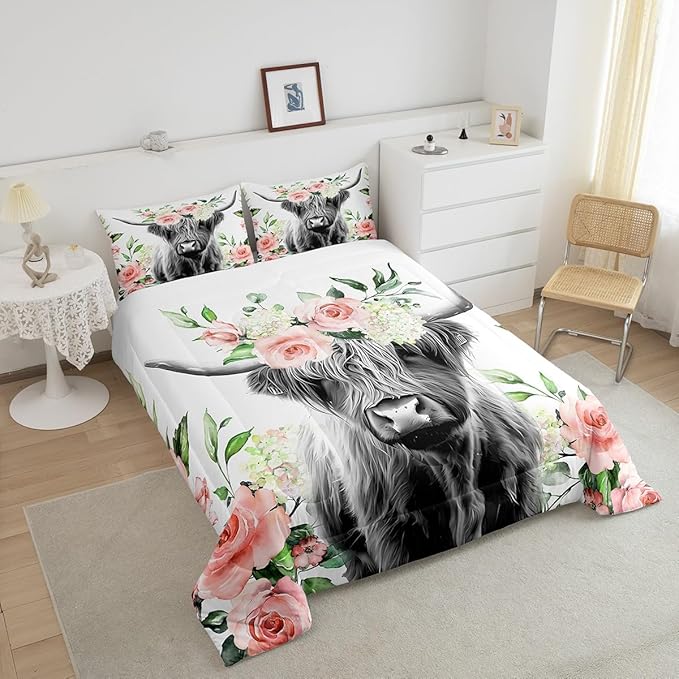 Feelyou Highland Cow Bedding Set Kids Rose Floral Bull Cattle Comforter Set for Girls Teens Western Wildlife Animal Comforter Farmhouse Duvet Set Room Decor Quilt Set King Size