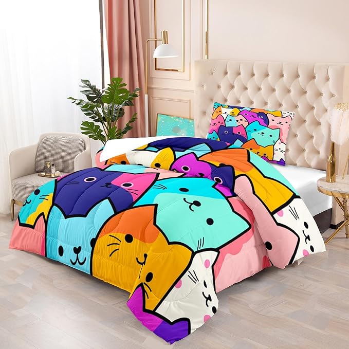 Cat Comforter Set Twin - Twin Size Comforter Set for Girls Cat Kids Cute Cat Bedding Twin Colorful Cartoon Cat Theme Bedding Sets, 1 Comforter+1 Pillowcase
