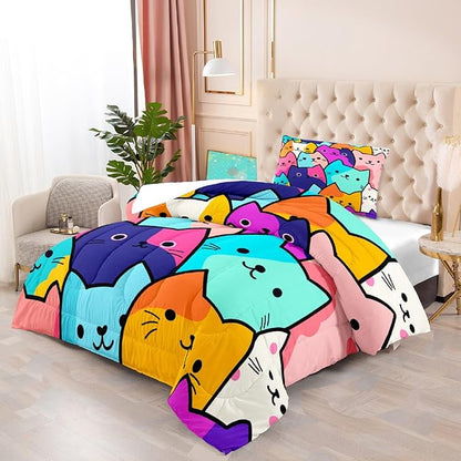 Cat Comforter Set Twin - Twin Size Comforter Set for Girls Cat Kids Cute Cat Bedding Twin Colorful Cartoon Cat Theme Bedding Sets, 1 Comforter+1 Pillowcase