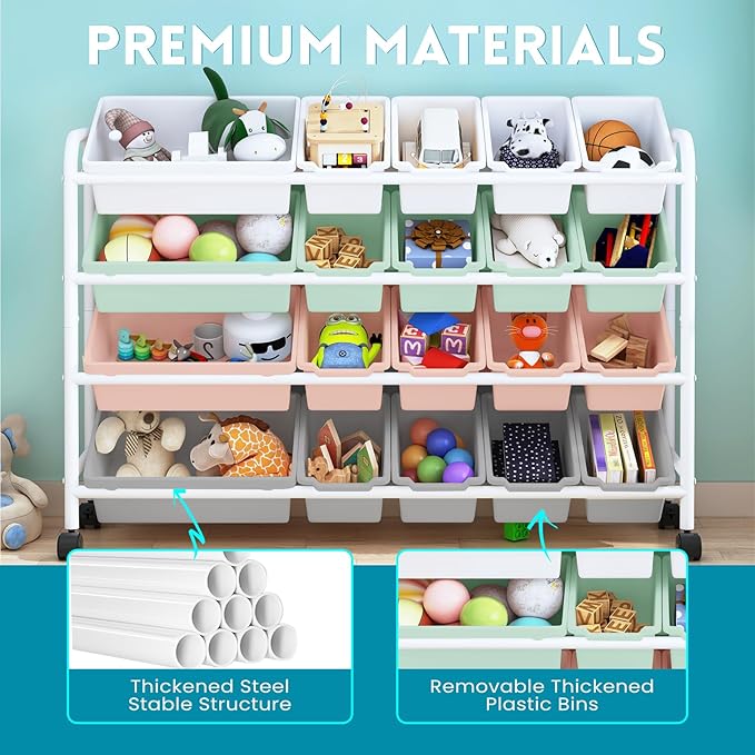 Kids Toy Storage Organizer with 20 Plastic Bins, 4-Tier Metal Toy Storage Rack, Extra Large Toy Organizer and Storage Bins for Kids Room, Playroom and Nursery, Multi-Color