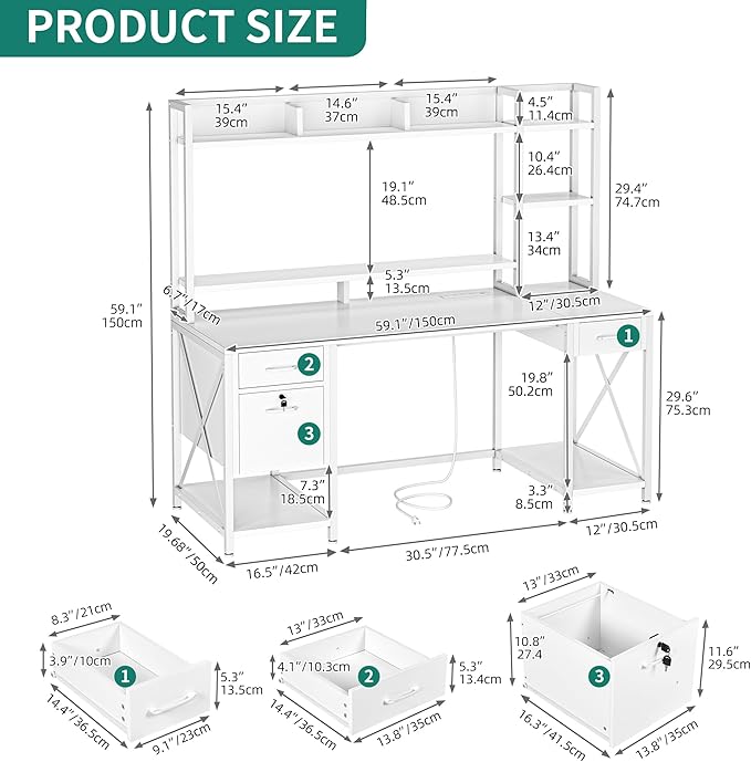 YITAHOME Computer Desk with Drawers & Hutch, 59.1" Office Desk with LED Lights & Power Outlets, Gaming Desk with Monitor Stand & Storage Shelves, White