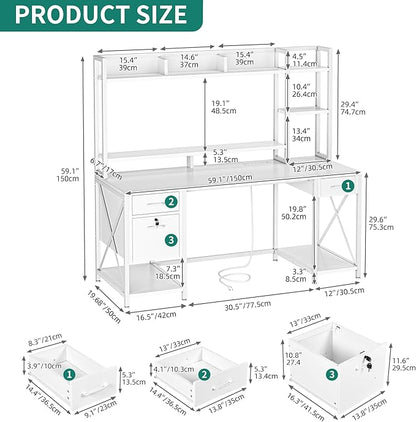 YITAHOME Computer Desk with Drawers & Hutch, 59.1" Office Desk with LED Lights & Power Outlets, Gaming Desk with Monitor Stand & Storage Shelves, White