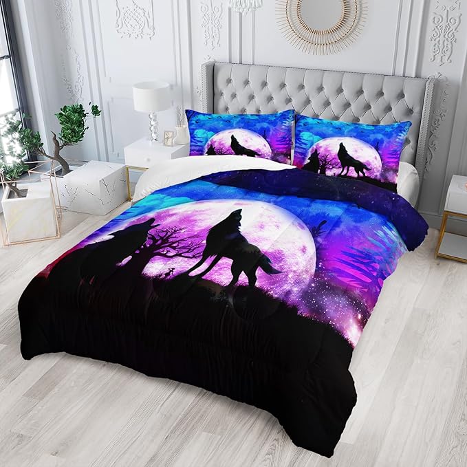 Wolf Comforter Set Galaxy Wolf Night Moon Bedding Set for Kids Teens Room Decor Wild Animals Comforter with 2 Pillowcases