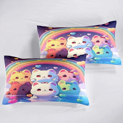 Rainbow Cat Comforter Queen Size - Rainbow Cat Bedding for Girls Room Cute Cartoon Rainbow Bedding Queen Comforter Sets for Kids, 1 Comforter+2 Pillowcases