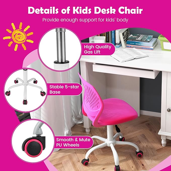 Kids Desk Chair, Blue Ergonomic Kids Office Chair Ages8-12 w/Lumbar Support, Low-Back Teen Desk Chair for Girls Boys, Small Cute Kids Computer Chair for Bedroom/Study/Vanity Desk (Rose Red)