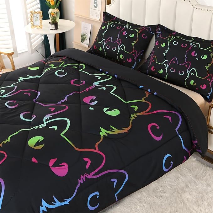 ENCOFT Cats Bedding Set Black Comforter Set Twin for Girls and Boys Premium 3 Piece Cat Bed Set Comfortable and Breathable for Teens and Adults with 1 Comforter and 2 Pillowcases