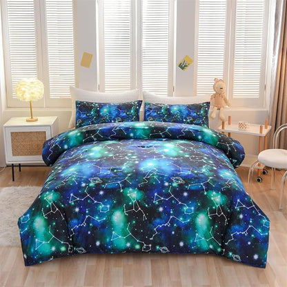 Holawakaka Tie Dye Constellation Print Ombre Comforter Set Queen Size Girls Boys Gradient Galaxy Bedding Set (Black Green,Queen)