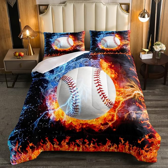 Baseball Comforter Set Queen Size Sports Theme Down Comforter Kids Teens Boys Fire and Ice Sports Baseball Quilted Duvet,Decoration 3 Pcs Bedding Comforters (1 Comforter Set +2 Pillowcases) Red Blue