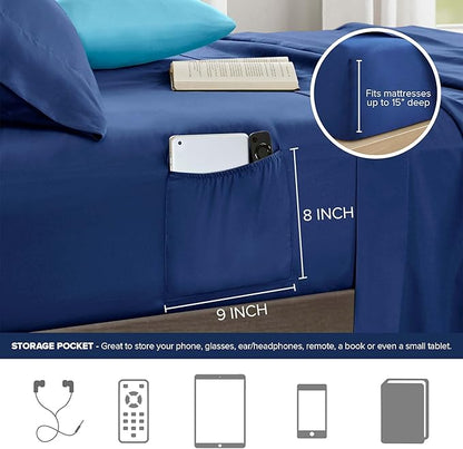 Comfort Spaces Queen Comforter Sets with Sheets - Bed in a Bag 9 Pieces Teen Bedding Sets Queen, Navy and Grey Stripes Bedding Queen, College Queen Bed Set, 2 Side Pocket Bedroom Organizer Queen Navy