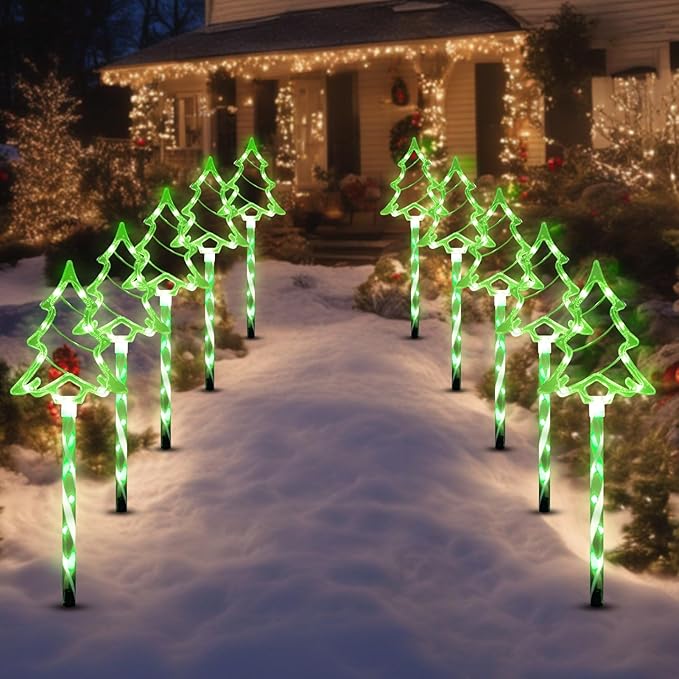 Solar Christmas Pathway Lights Outdoor Decorations, 8 Modes Xmas Tree Candy Lights Waterproof Led Garden Stake Lights for Walkway Yard Lawn Porch Holiday Decor 5-Pack (Green Xmas Tree Lights)