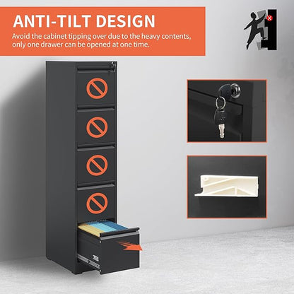 5 Drawer File Cabinet,Metal Filing Cabinets with Lock,Vertical File Cabinet for Home Office,Black Heavy Duty Metal Storage Cabinet for A4/Letter/Legal Size File,Assembly Required