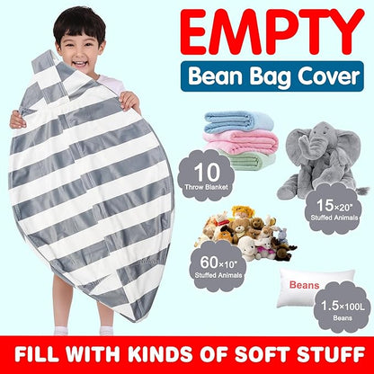 Lukeight Stuffed Animal Storage Bean Bag Chair Cover for Kids, Zipper Beanbag Chair Cover for Organizing Toddler & Kids' Rooms Plush Toys (Gray+white Velvet, Large)
