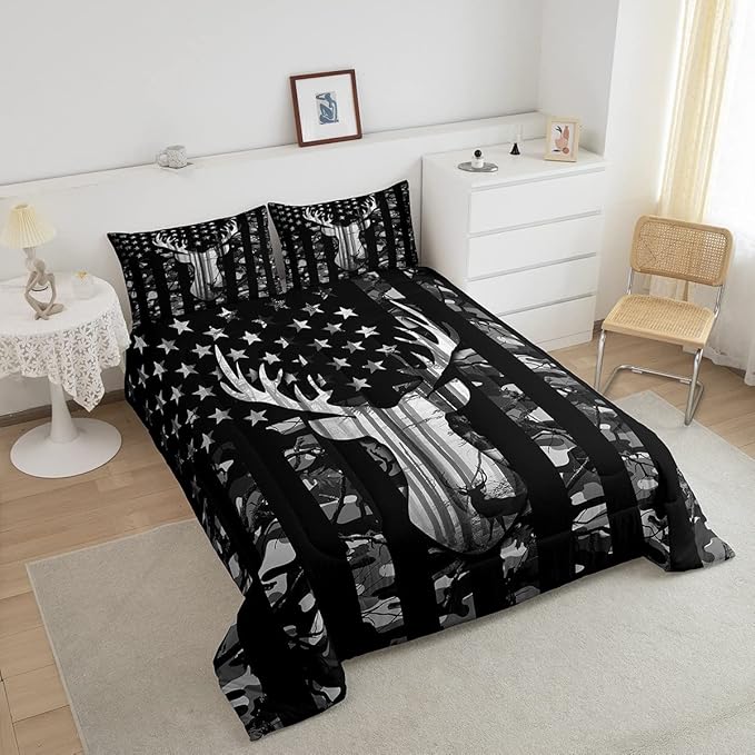 Manfei Deer Antlers Silhouette Comforter Set Twin,Camouflage American Flag Bedding Set, Wild Animal Natural Quilt Set 2 Pcs for Kids Teens Adults Room Decor,Black Grey Duvet Insert with 1 Pillowcase