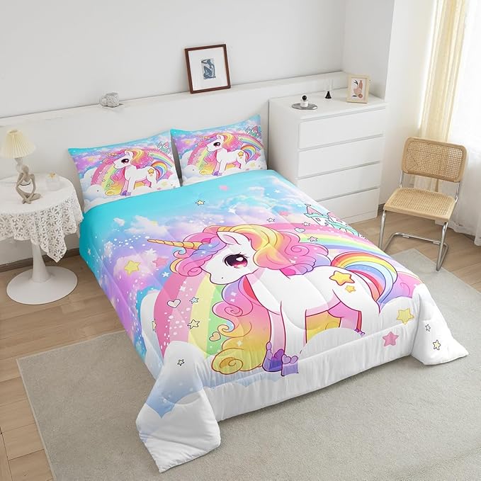 Manfei Cute Unicorn Kids Comforter Set Full Size,Rainbow Stars Cloud Dreamy Bedding Set,Girls Women Room Decor,Cartoon Animals Castle Girly Down Comforter,Pink Blue Unique Duvet Insert,2 Pillowcases
