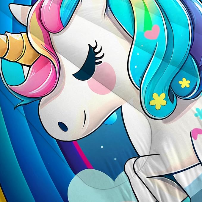 Rainbow Unicorn Bedding Sets Queen Size Comforter Set for Girls Kids Children Teens Boys Cartoon Unicorn Colorful Starry Blue Glitter Quilt 1 Comforter + 2 Pillow Cases