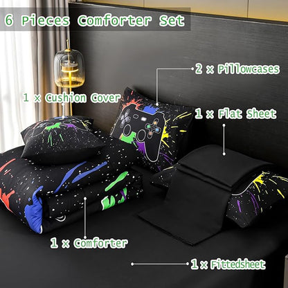 DORCAS Full Size Gamer Comforter Set with Sheets for Boys,Game Console Black Bedding Set for Kids,6 Pieces Bed in a Bag Colorful Graffiti Gaming Controller Comforter,Sheets,Pillowcases (Black, Full)