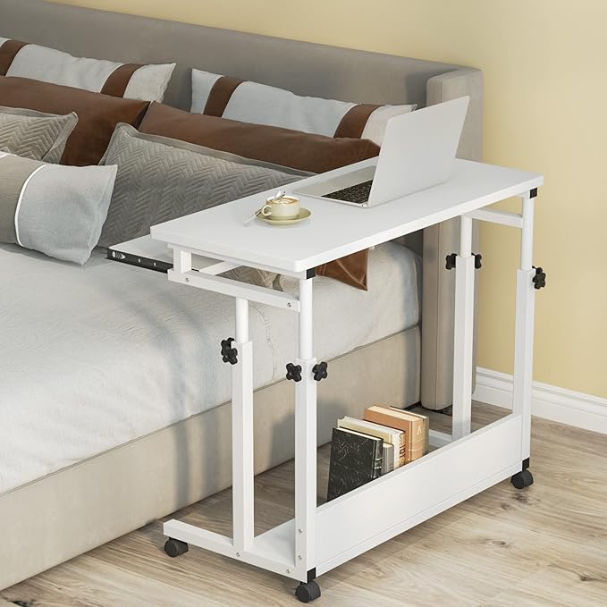 Tribesigns Portable Desk for Sofa and Bed, Height Adjustable Mobile Laptop Table Small Standing Desk Rolling Computer Cart with Keyboard Tray on Wheels for Home Office (White)