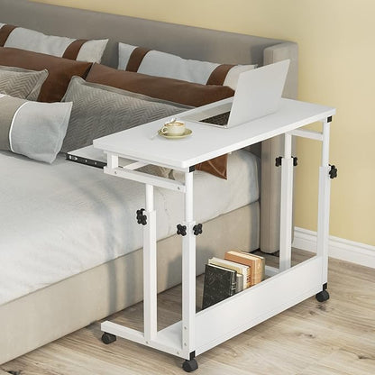 Tribesigns Portable Desk for Sofa and Bed, Height Adjustable Mobile Laptop Table Small Standing Desk Rolling Computer Cart with Keyboard Tray on Wheels for Home Office (White)