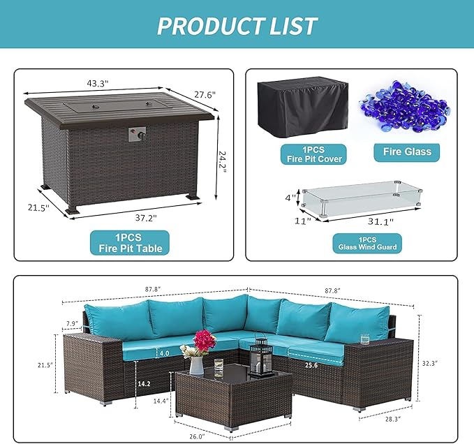 Kullavik 7 Pieces Outdoor Patio Furniture Set with 43" 55000BTU Gas Propane Fire Pit Table PE Wicker Rattan Sectional Sofa Patio Conversation Sets,Green Blue