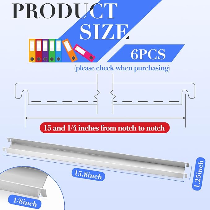 6 Pcs Filing Front to Back Rails File Cabinet Rails Lateral Hanging File Bar Stainless Steel White File Cabinet Inserts for Sides Letter Size Folders Office Home Storage Organizer 15.76 Inches Long