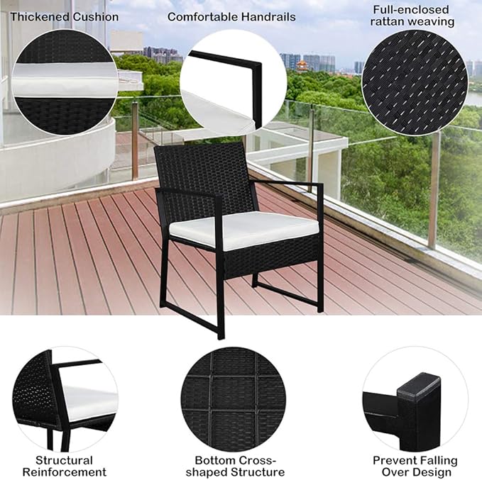 Outvita 3PCS Rattan Conversation Set, Outdoor Wicker Furniture Bistro Set 2 Chairs and Glass Top Table for Small Balcony Backyard Patio(Black)