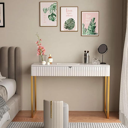 Elegant Modern Desk, 2 Drawers, Gold Legs, 43.3x15.75 inches, Home Office, Makeup Vanity, Computer, Writing, Study, Entryway, Sofa Table