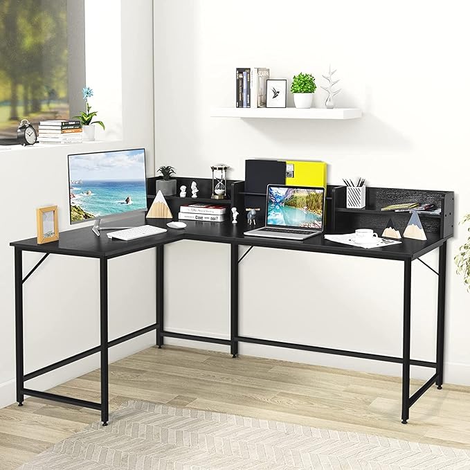 LUARANE 65.5 Inches L-Shaped Desk, Industrial Computer Desk with Hutch File Rack, Space Saving Corner Desk with Metal Frame, Computer Workstation for Home Office (Black)