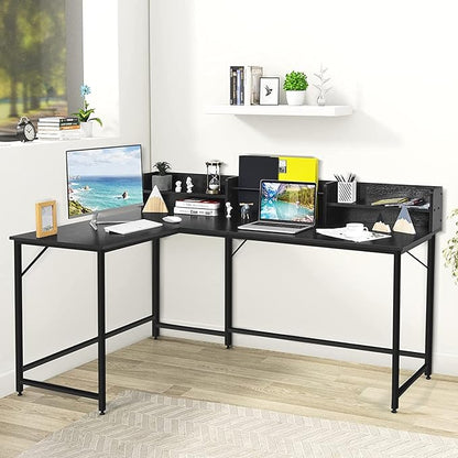 LUARANE 65.5 Inches L-Shaped Desk, Industrial Computer Desk with Hutch File Rack, Space Saving Corner Desk with Metal Frame, Computer Workstation for Home Office (Black)
