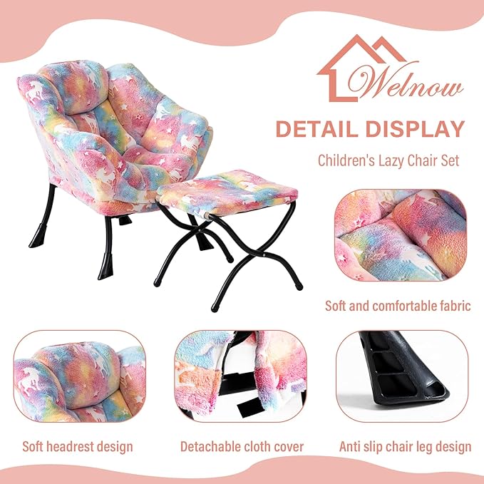 Welnow Toddler Kids Lazy Chair with Ottoman, Glow in The Dark Accent Comfy Lounge Children Armchair Couch with Removable Cover, Detachable Reading Chair with Footrest for Boy or Girl