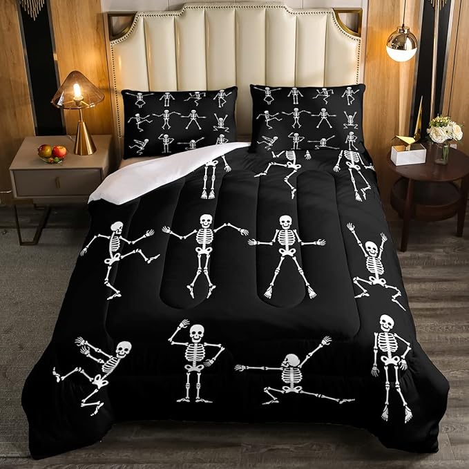Erosebridal Sugar Skull Comforter Set King Size Skeleton Bones Bedding Set for Kids Boys Girls Teens Adult Halloween Horror Theme Down Comforter Gothic Spooky Duvet Sets with 2 Pillow Cases