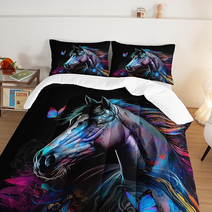 HOSIMA 3 Pieces Art Horse Comforter Set with 2 Pillowcases,Wildlife Horse Butterfly Black Comforter Boys Teens Aesthetic Room Decor,Animal Bedding Full Size Bed in a Bag Sets for adults.
