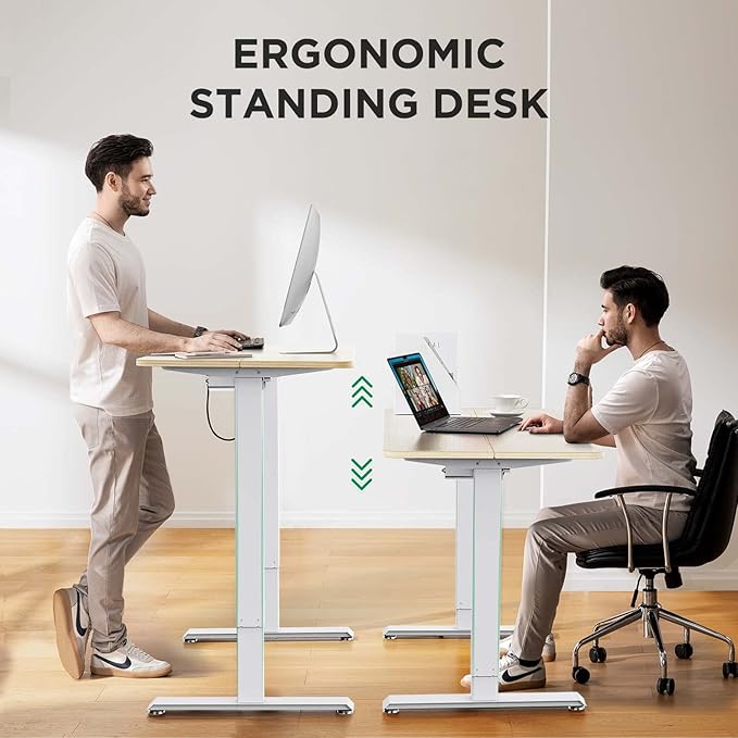 Memory Electric Height Adjustable Desk, Sit Stand Up Computer Workstation, 48 x 24 Inch Monitor Stand Study Table for Home Office, Maple