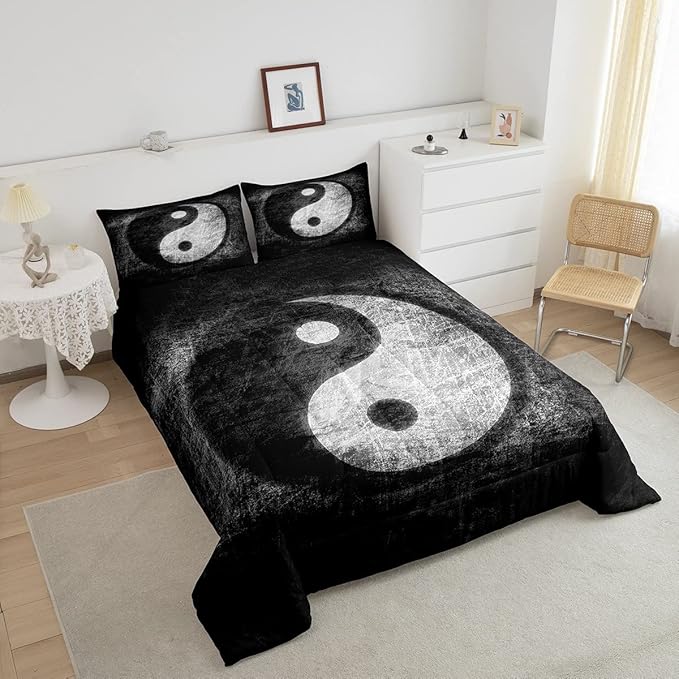 Yin Yang Bedding Set for Girls Boys Children Boho Trippy Psychedelic Art Comforter Set Decorative Gossip Pattern Comforter Traditional Ying Yang Theme Duvet Set Full Size 3Pcs
