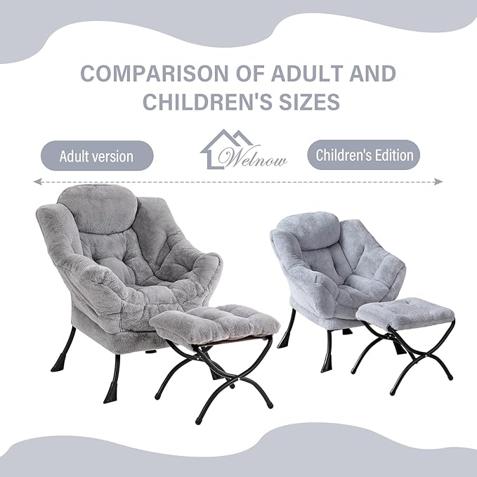 Welnow Toddler Kids Lazy Chair with Ottoman, Accent Comfy Lounge Children Armchair Couch with Armrest and Removable Cover, Detachable Reading Chair with Footrest for Boy or Girl, Plush Grey