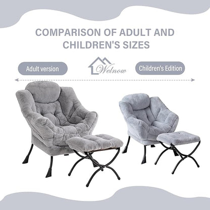 Welnow Toddler Kids Lazy Chair with Ottoman, Accent Comfy Lounge Children Armchair Couch with Armrest and Removable Cover, Detachable Reading Chair with Footrest for Boy or Girl, Plush Grey