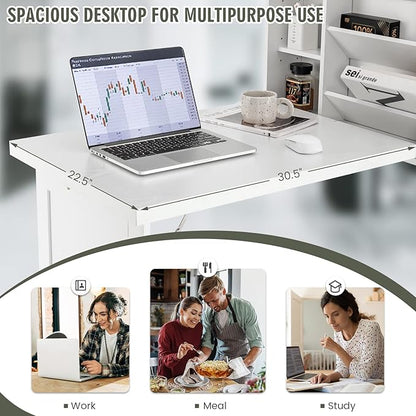 Wall Mounted Table w/Classified Storage Space, Foldable Multiple-Purpose Desk, Sturdy Wood Structure, White